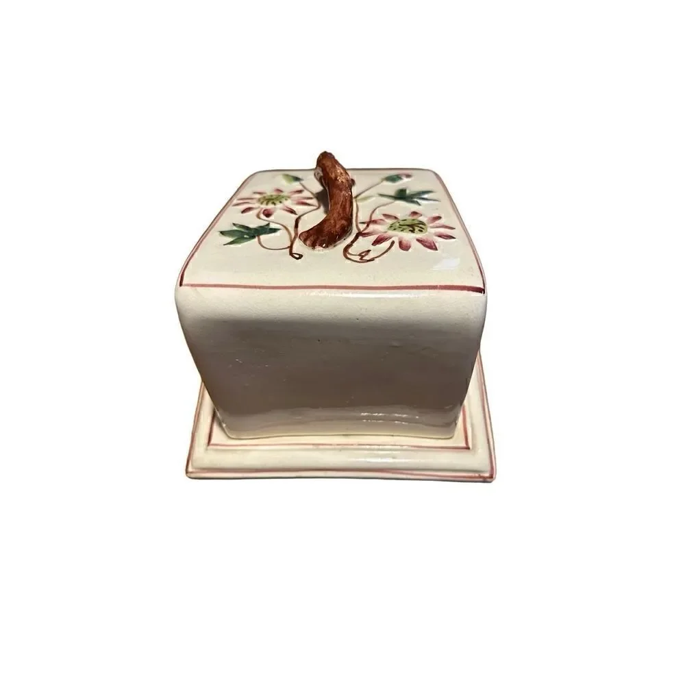 Vintage Glazed Pottery Lidded Cheese Server Cream Floral Pattern Large Keeper